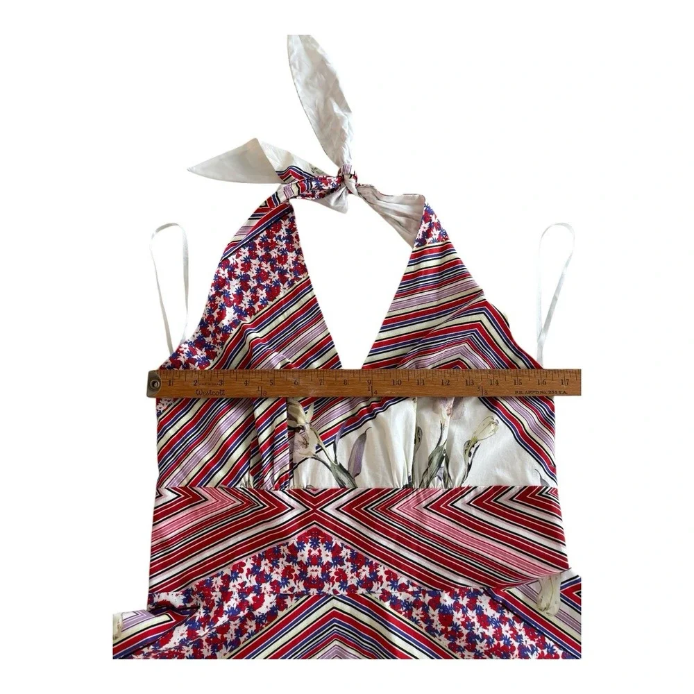 Alexia Admit Dress Women 12 Red Multi Halter Backless Striped Floral Lined Flare